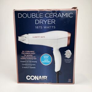 Conair Double Ceramic Hair Dryer 1875W Ionic Blow Dryer w Diffuser White